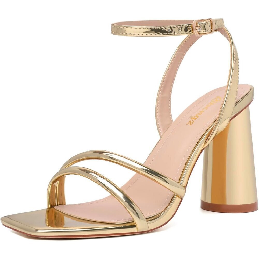 Women's Gold Square Open Toe Strappy Ankle Strap Block Heeled Sandals Shoes